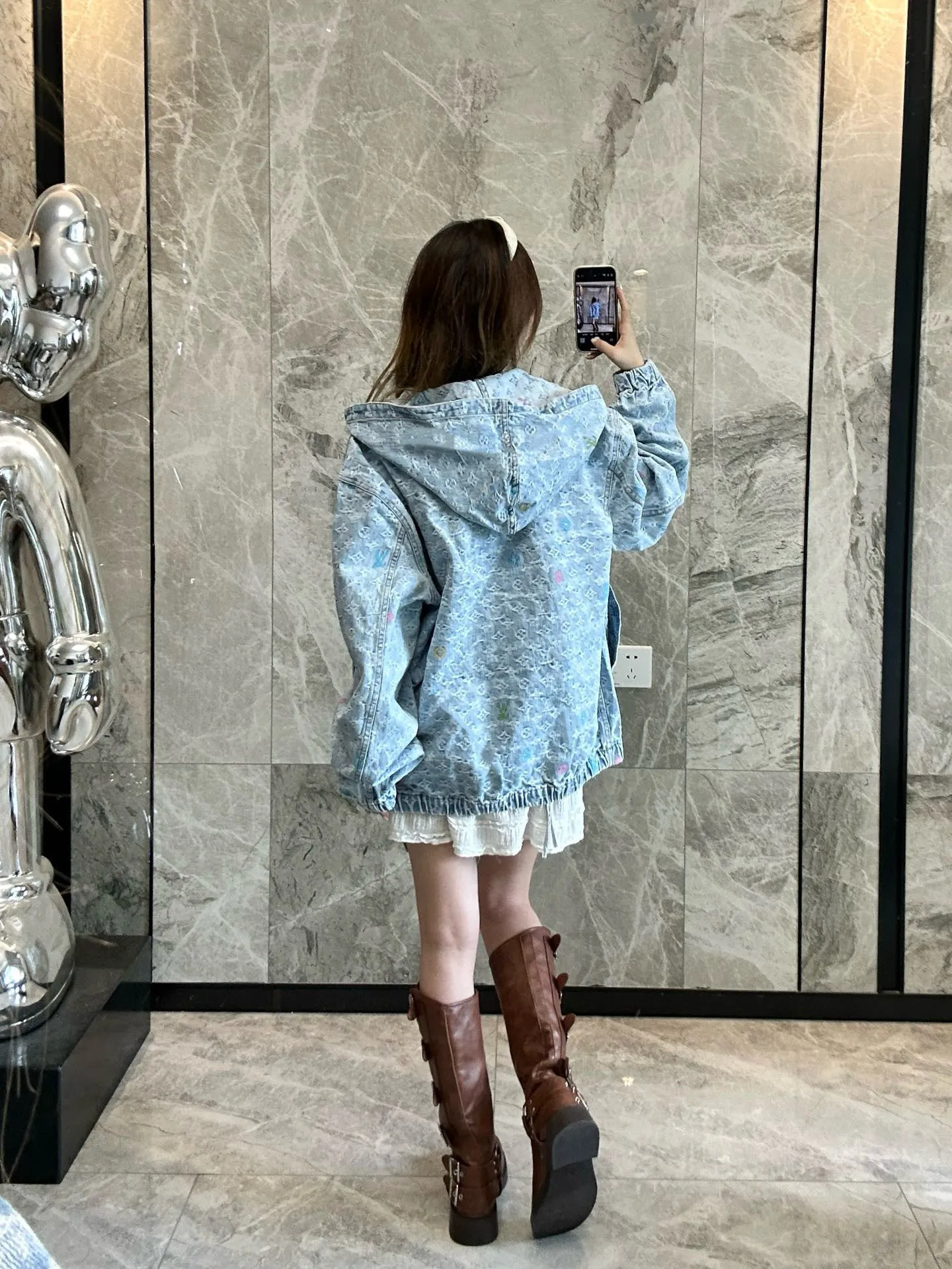 Louis Vuitton/Louis Vuitton 25Fw old flower jacquard embroidered zipper hooded denim jacket